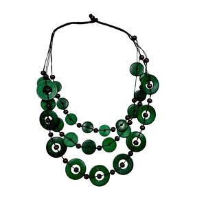 Vintage 1970s Triple Strand Wood Bead Necklace Green Disc Brown Sphere Boho 24"